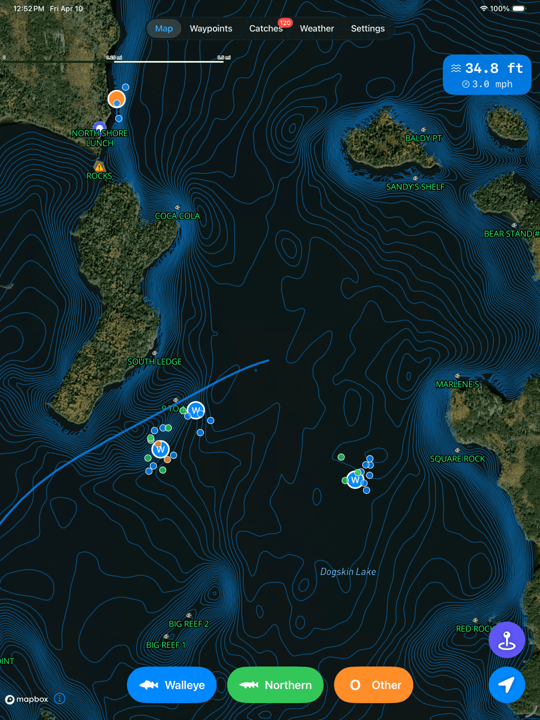 Dogskin Fishing on iPad showing the lake map with depth contours, named waypoints, and species filters
