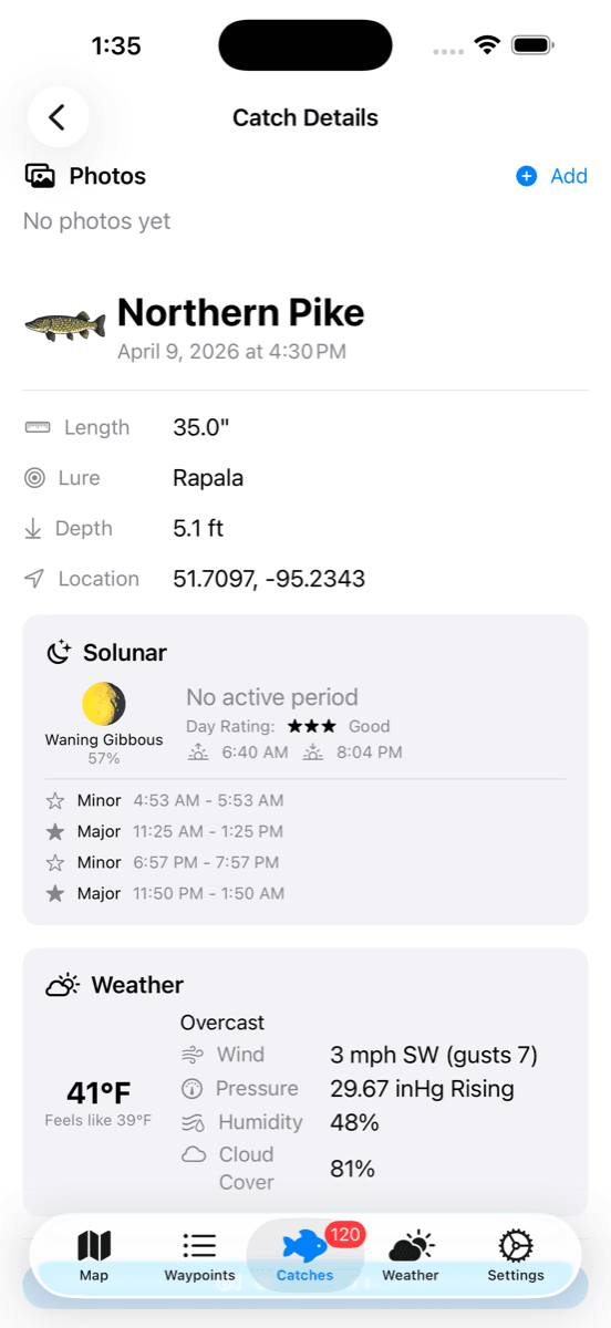 Dogskin Fishing catch detail view showing species, length, lure, GPS, and photo