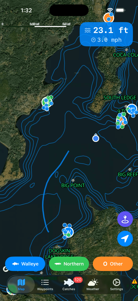 Dogskin Fishing app on iPhone showing the lake map