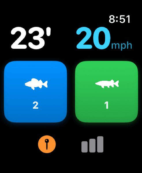 Dogskin Fishing app on Apple Watch showing depth, speed, and catch counts