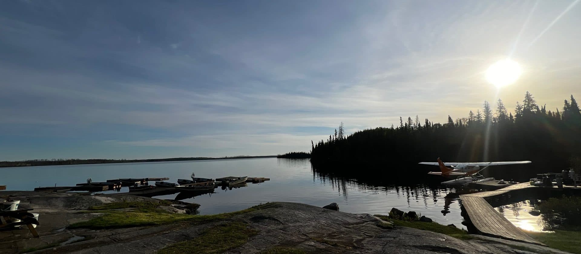Dogskin Lake Lodge dock at golden hour